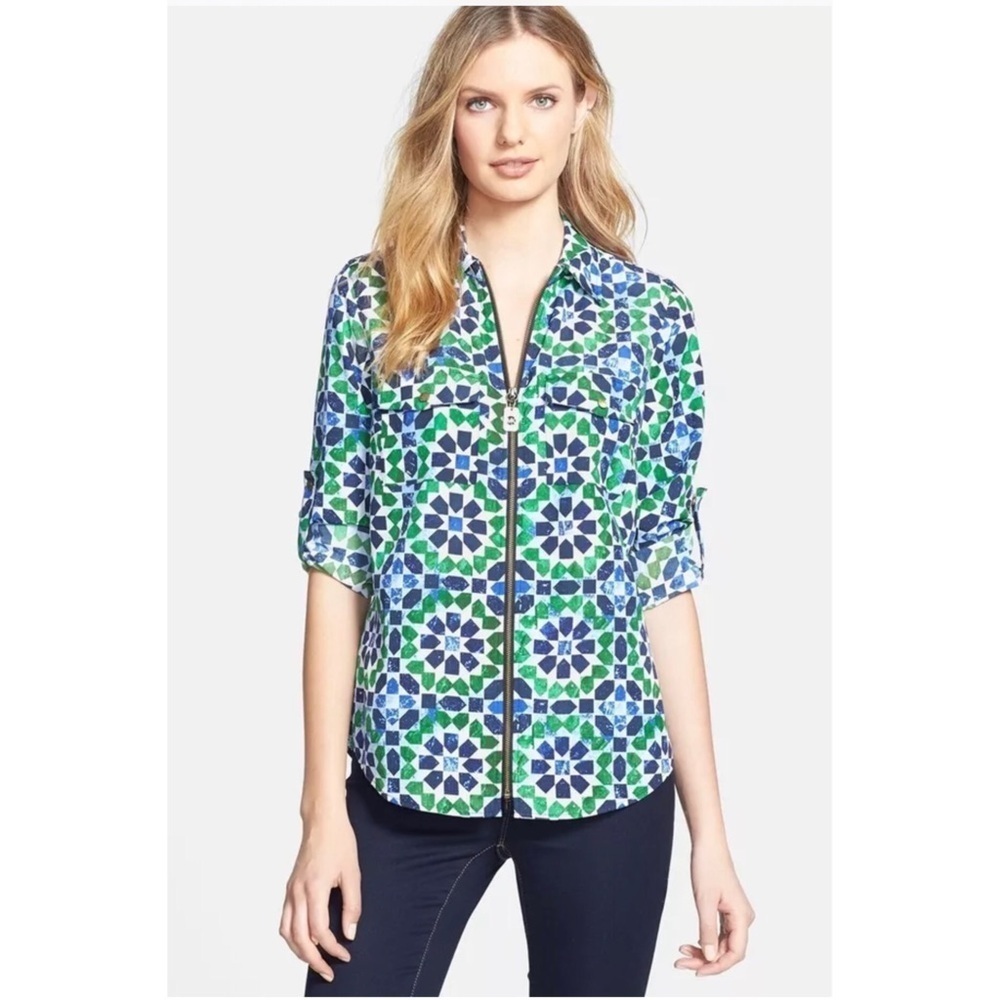 MICHAEL MICHAEL KORS Geometric Roll Tab Sleeve Resort Vacation Blouse Size L
